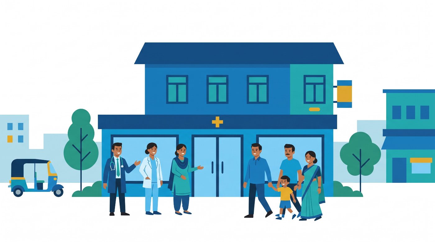 Illustration: a neighbourhood diagnostic centre with its doctor, lab technician and receptionist welcoming a family