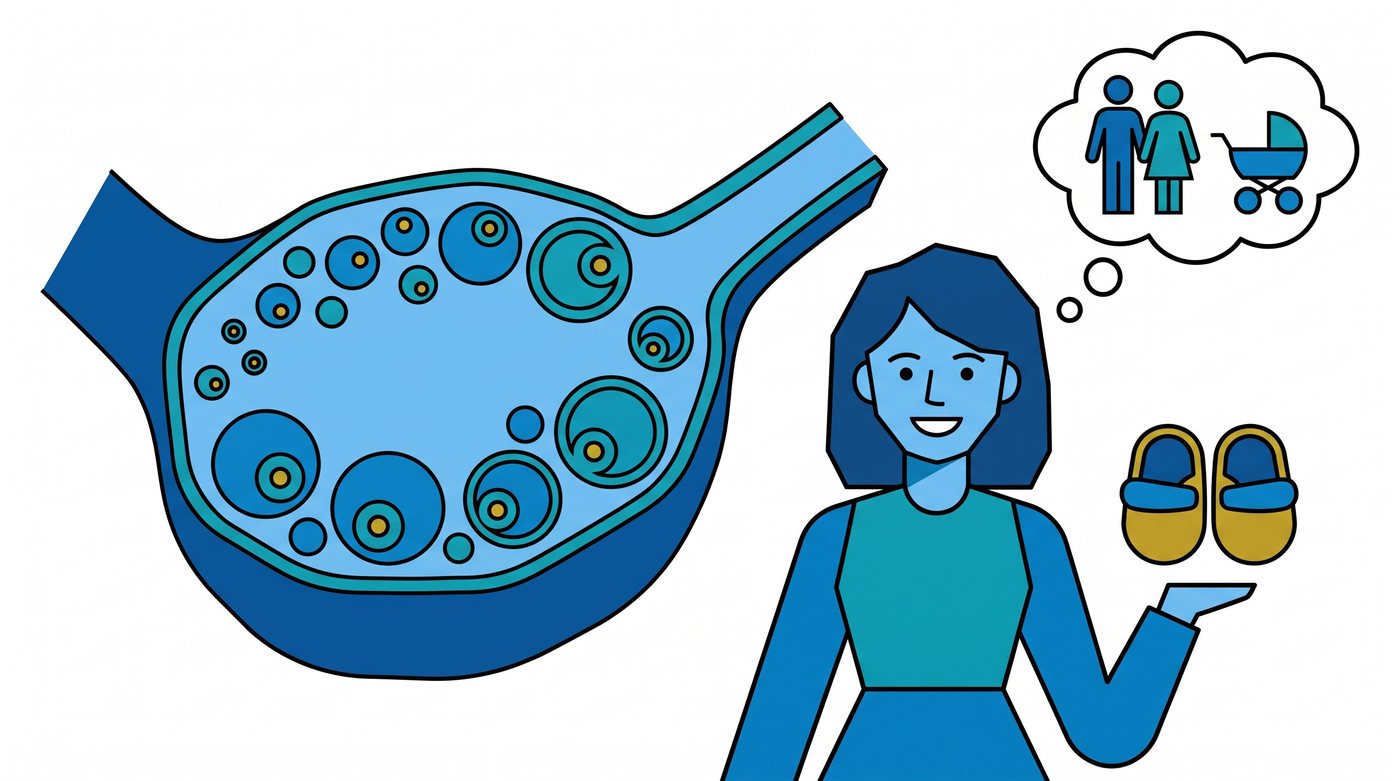 Illustration: an ovary full of small egg follicles, and a woman thinking about starting a family