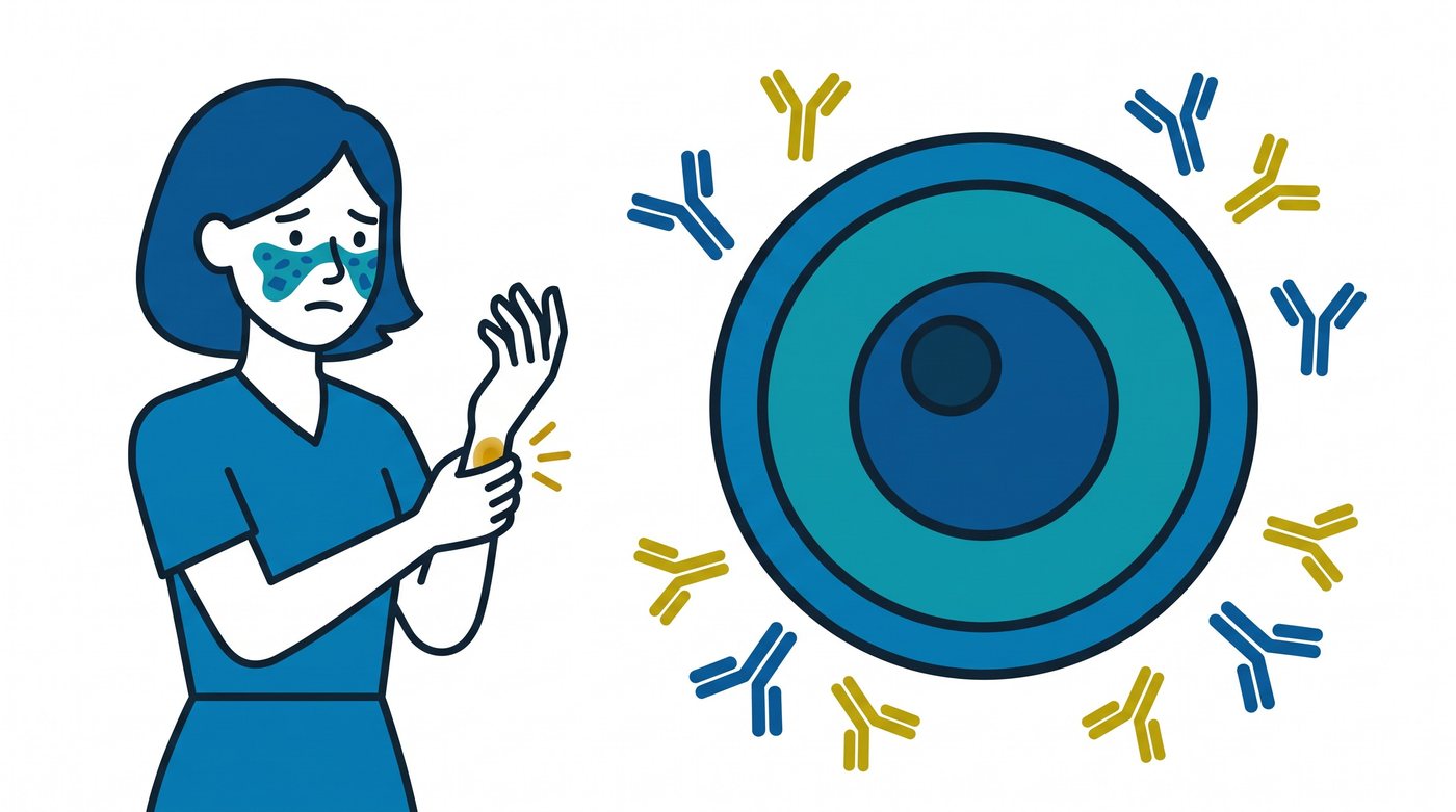 Illustration: a woman with a butterfly rash on her face holding a painful wrist, and antibodies around a cell nucleus