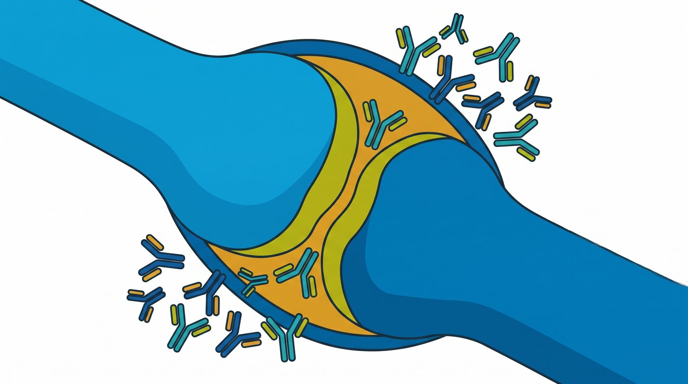 Illustration: antibodies gathered around an inflamed joint lining