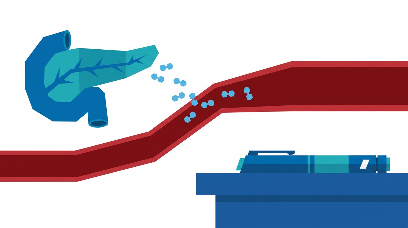 Illustration: the pancreas releasing insulin and C-peptide into the blood, with an insulin pen set aside