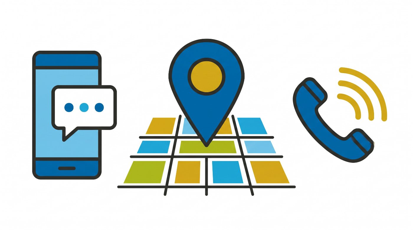 Illustration: reach us by WhatsApp chat, find us on the map, or call