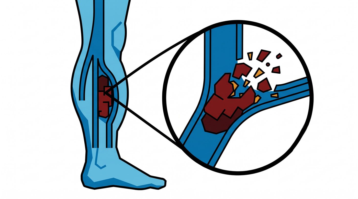 Illustration: a blood clot in a leg vein breaking down into small fragments