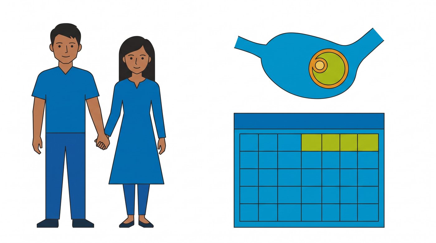 Illustration: a couple, an ovary with a growing egg follicle and a calendar with the first days of the period marked