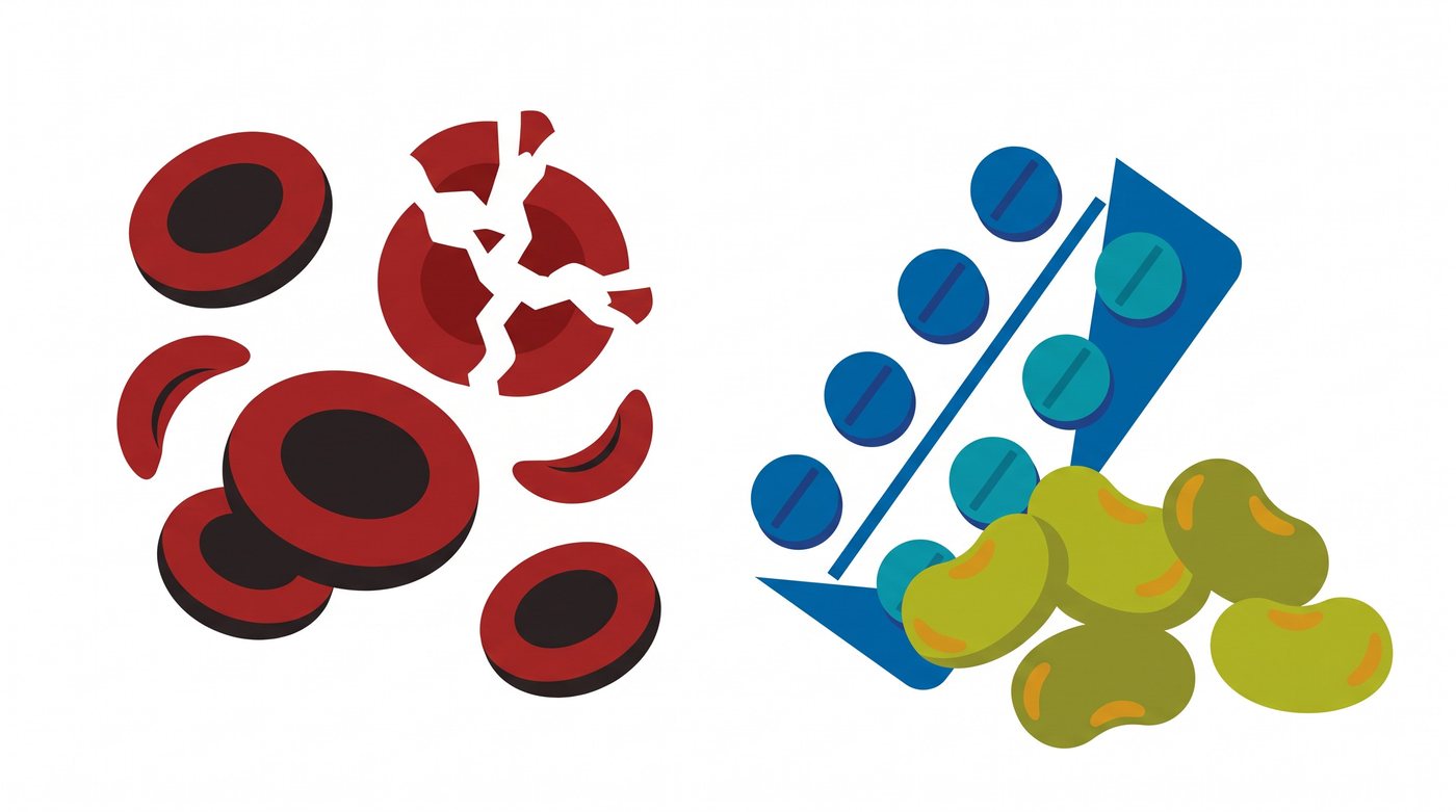 Illustration: red blood cells breaking apart, next to tablets and fava beans