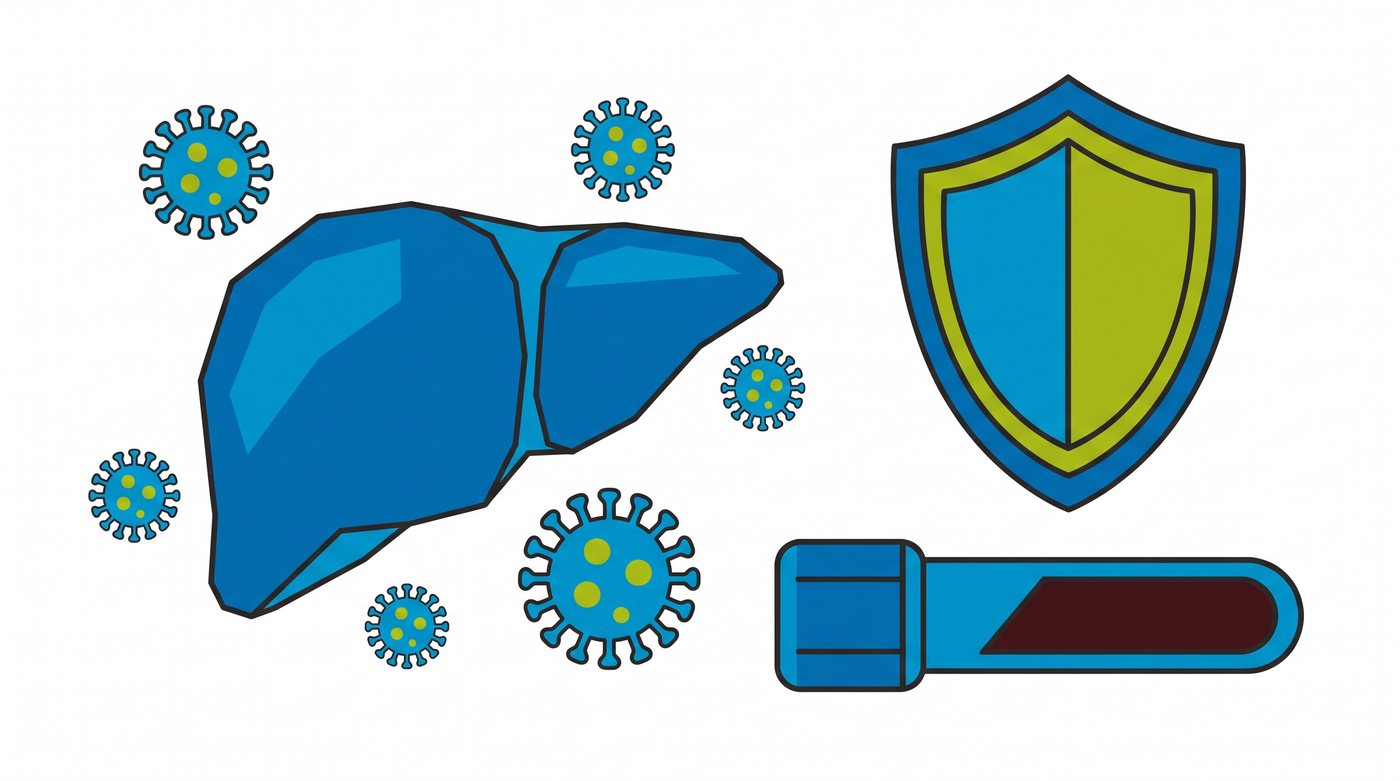 Illustration: the liver with hepatitis B virus particles, a shield and a blood sample tube