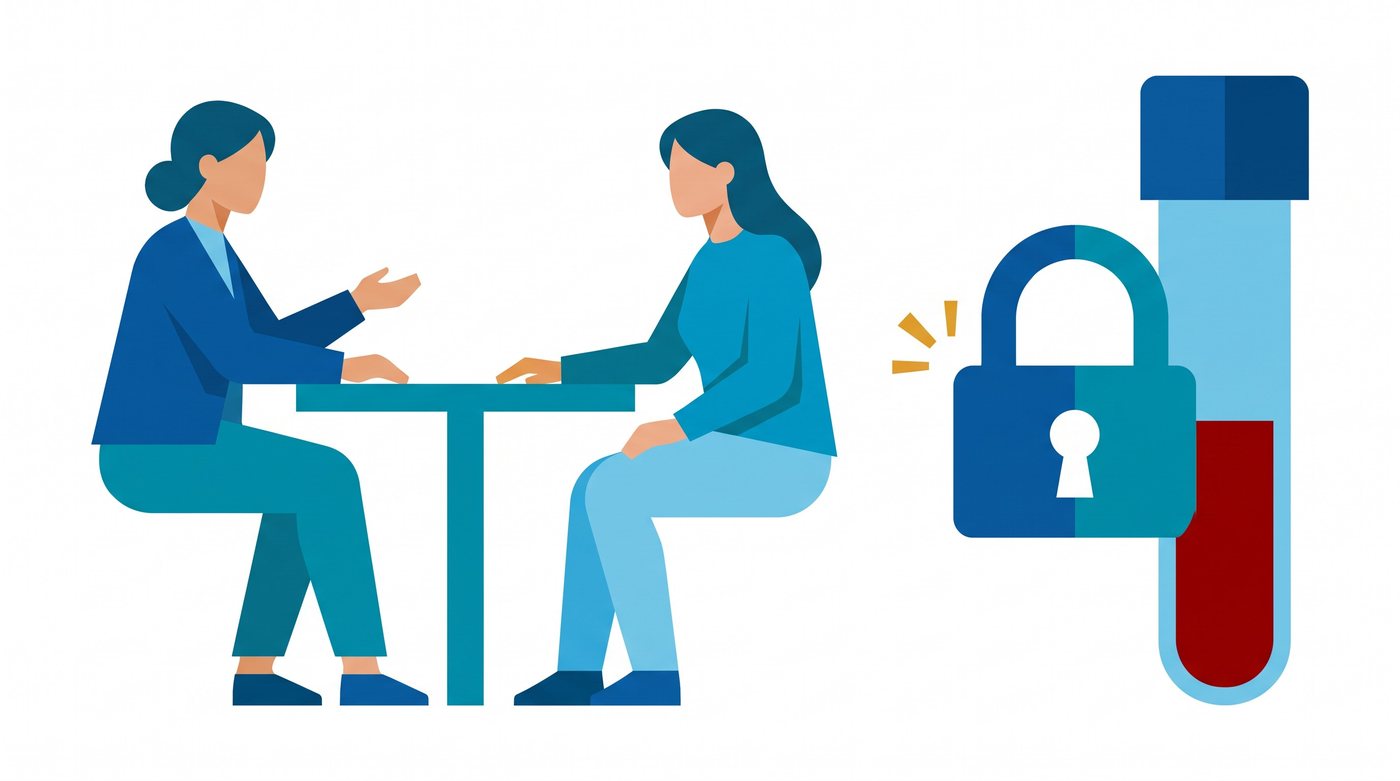 Illustration: a counsellor talking privately with a patient, beside a padlock and a blood sample tube