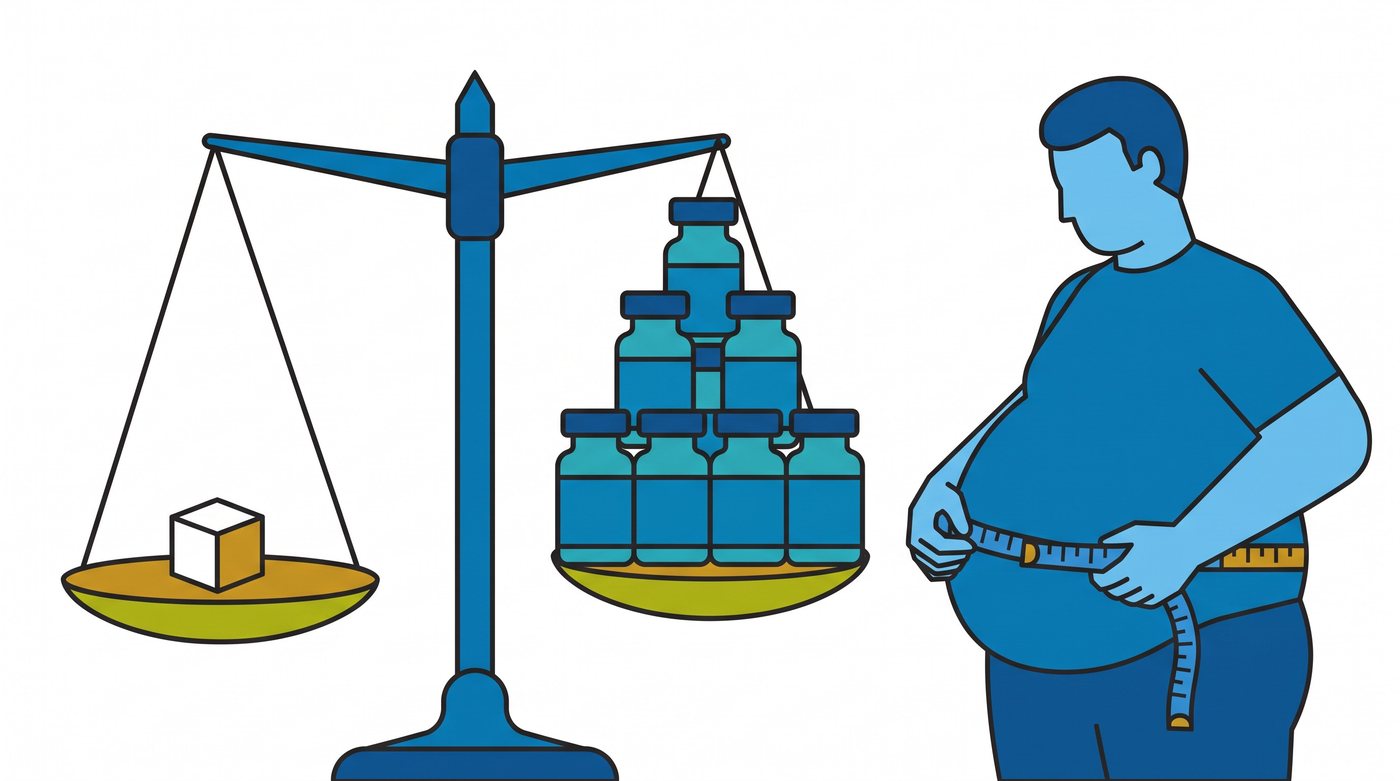 Illustration: a balance with one sugar cube against many insulin vials, and a man measuring his waist