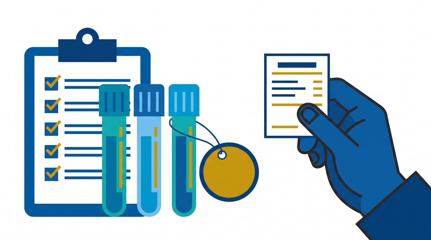 Illustration: a checklist, sample tubes, a price tag and a clear receipt