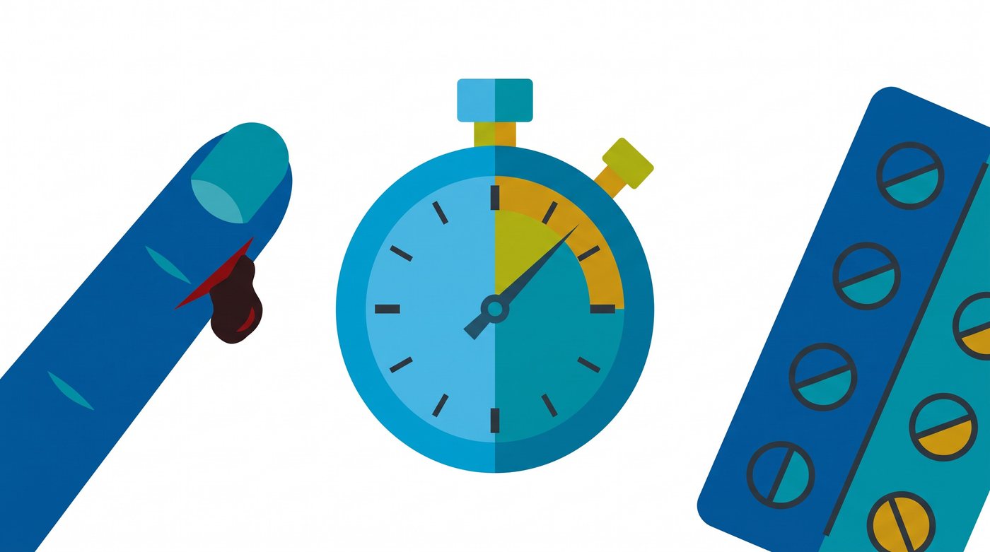 Illustration: a blood clot forming on a fingertip cut, a stopwatch and a strip of blood-thinner tablets