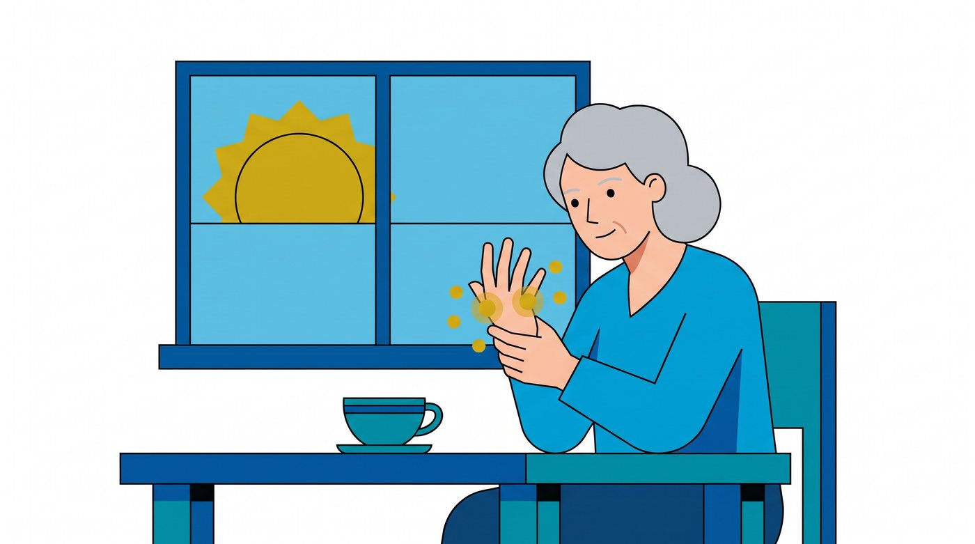 Illustration: a woman rubbing her painful, swollen knuckles in the morning