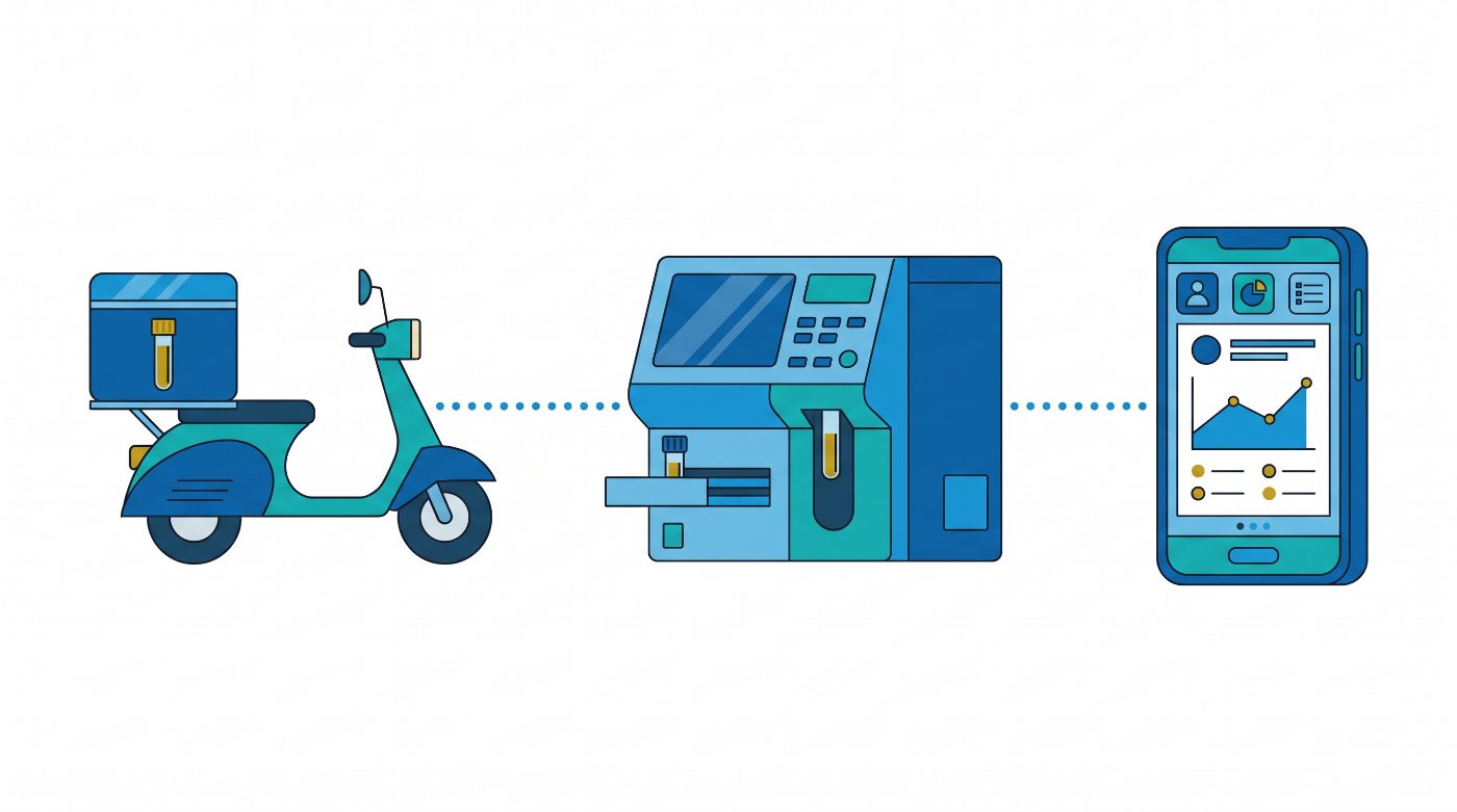 Illustration: a sample travels by scooter in a cool box to the lab analyser, and the report reaches your phone