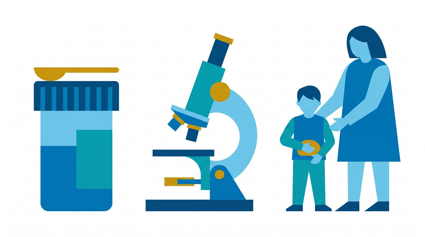 Illustration: a stool sample container, a microscope, and a parent with a child who has tummy pain