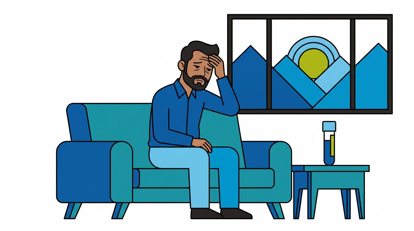 Illustration: a tired man on a sofa in the early morning, with a blood sample tube