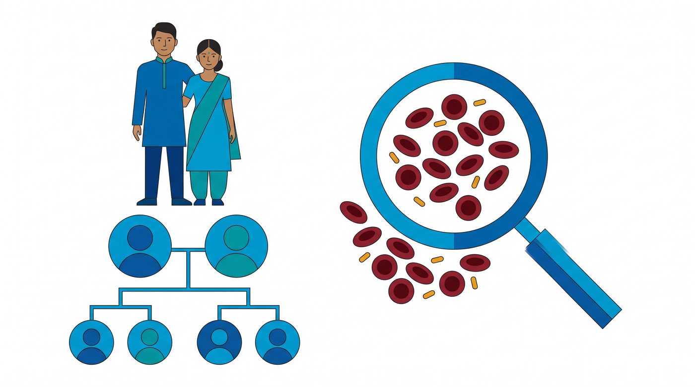 Illustration: a couple with a family tree, and small red blood cells under a magnifying glass