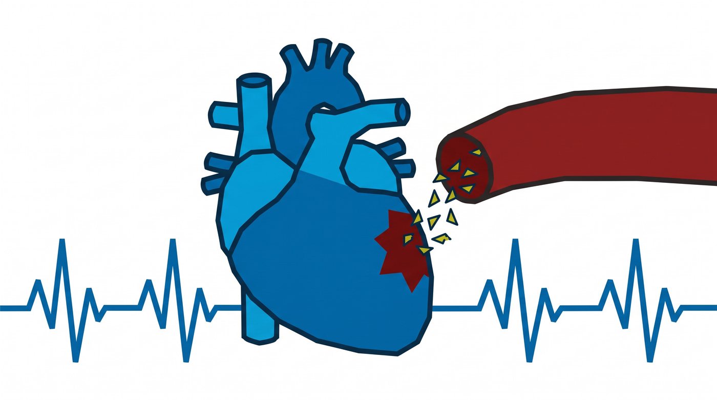 Illustration: a heart with a damaged area releasing troponin into the blood, and an ECG line