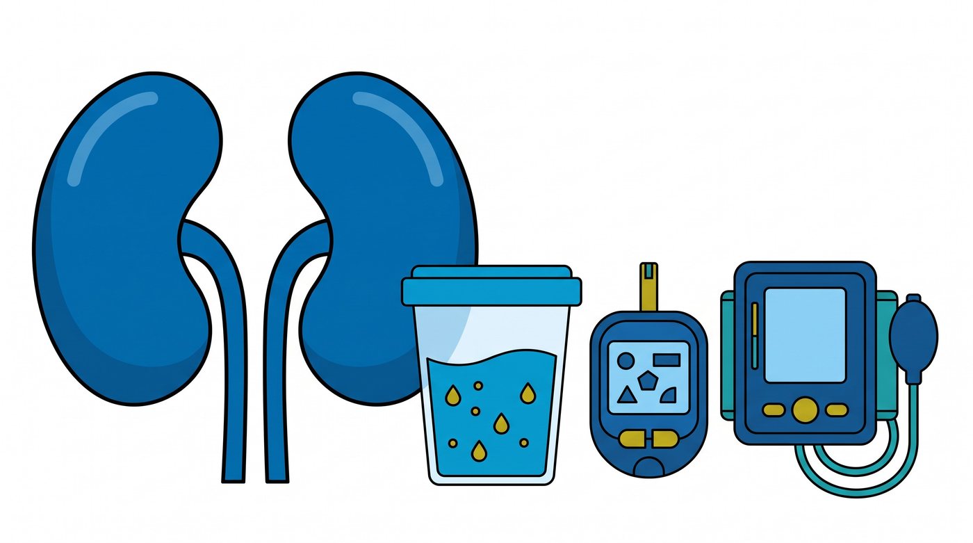 Illustration: the kidneys, a urine sample with protein droplets, a glucometer and a BP monitor