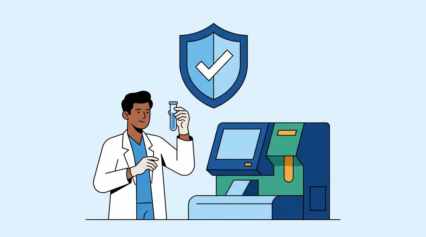 Illustration: a lab scientist checking a sample beside an analyser