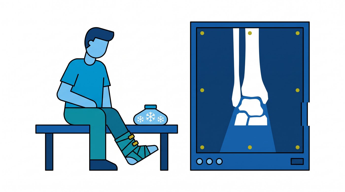 Illustration: a sprained ankle in a bandage, and a front-view ankle X-ray