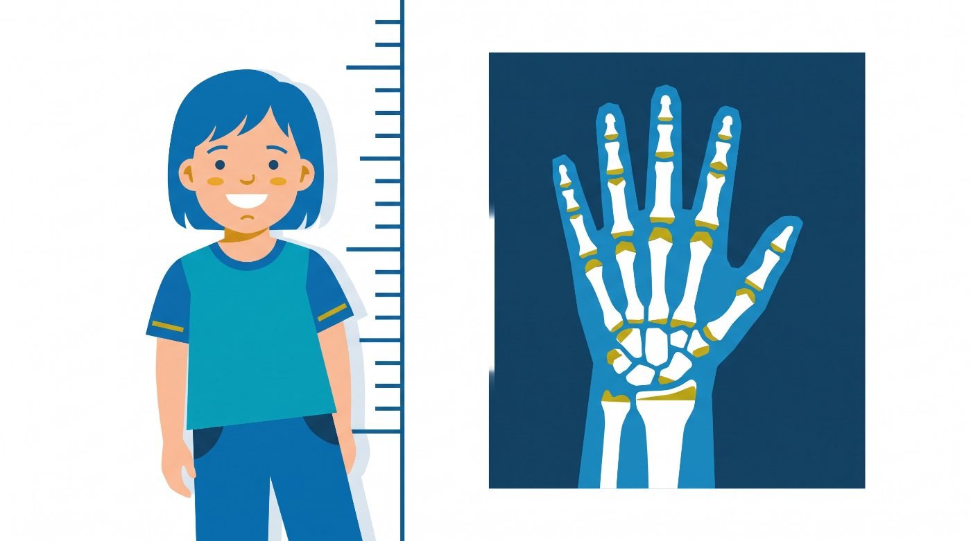 Illustration: a child at a height chart, and an X-ray of the left hand and wrist showing growth plates