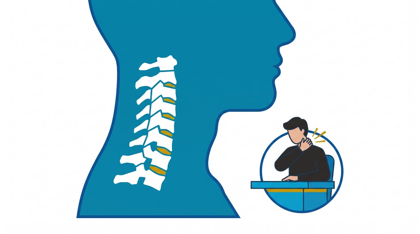 Illustration: the seven neck bones inside the neck, and a person at a desk with a stiff neck