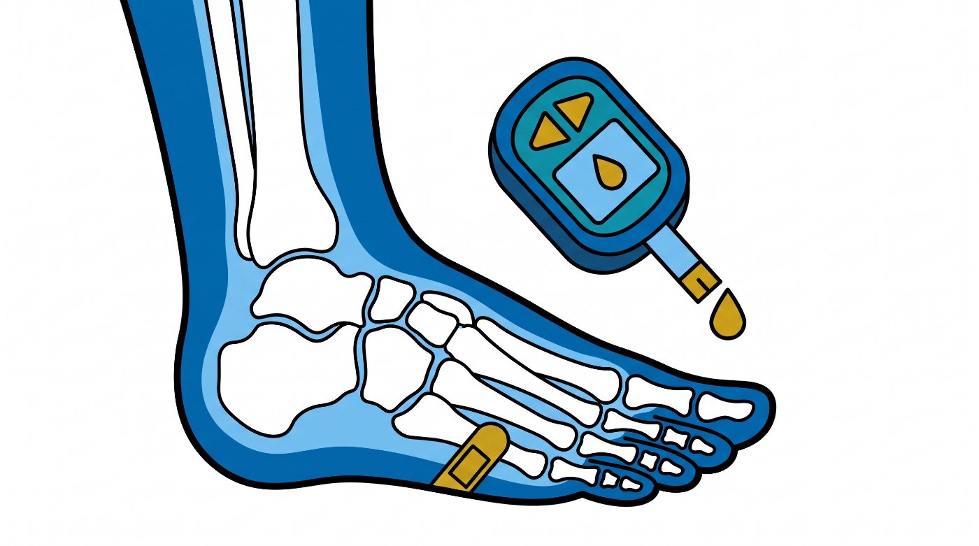 Illustration: the bones of the foot with a dressing on a wound, and a glucometer