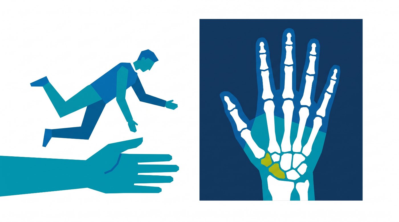 Illustration: a fall on an outstretched hand, and a hand and wrist X-ray with the scaphoid bone highlighted