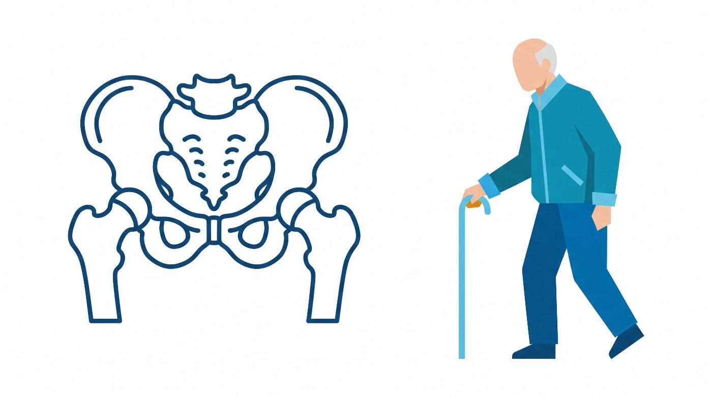 Illustration: the pelvis with both hip joints, and an elderly man walking with a stick