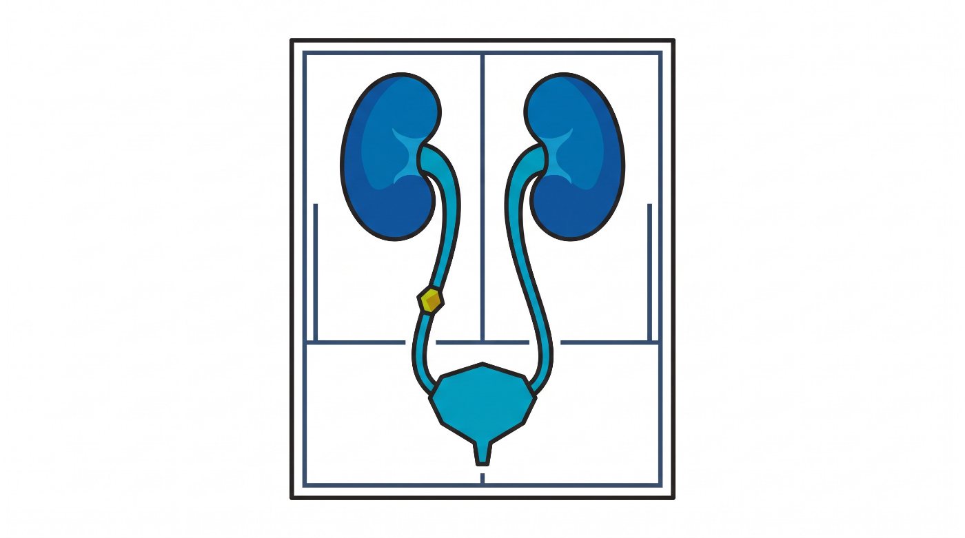 Illustration: the kidneys, ureters and bladder, with a small stone in one ureter