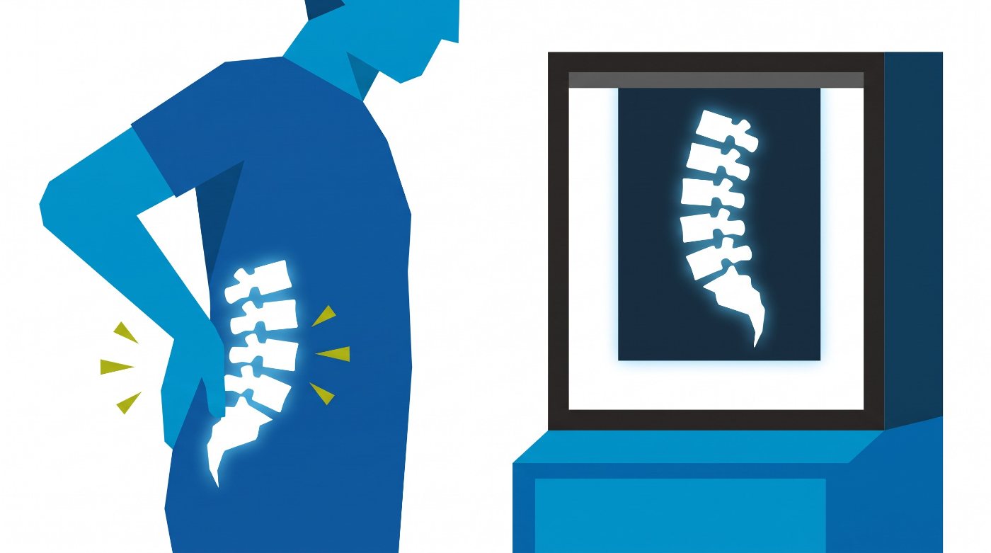 Illustration: an adult holding the lower back, with the lumbar spine bones and their X-ray