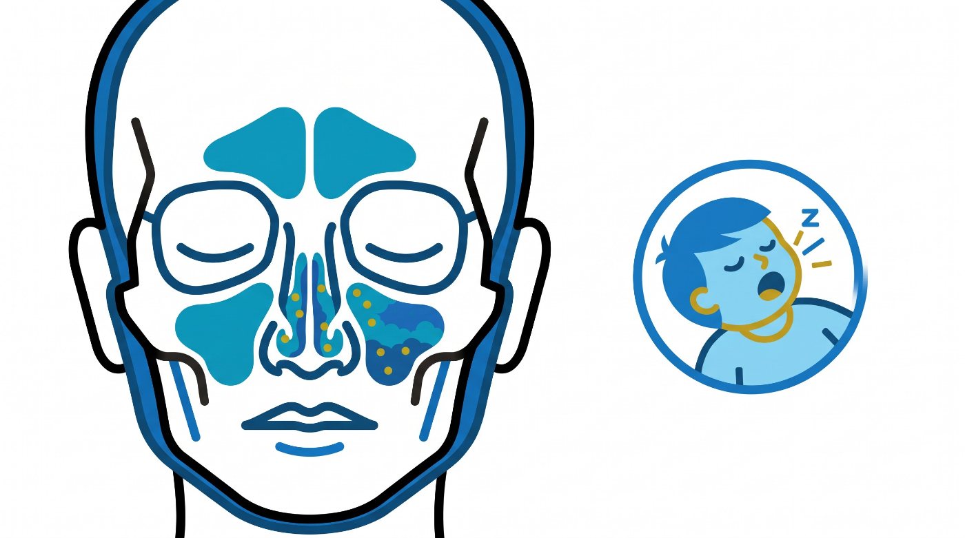 Illustration: the sinuses in the face with one cloudy cheek sinus, and a child snoring