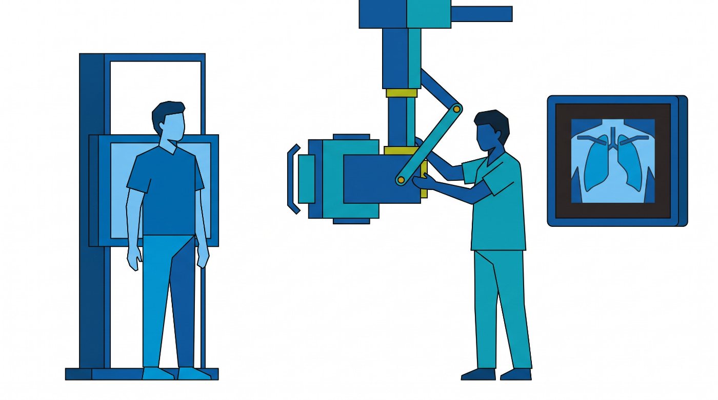 Illustration: a patient standing at the X-ray panel while the radiographer positions the X-ray tube, with the image on a monitor