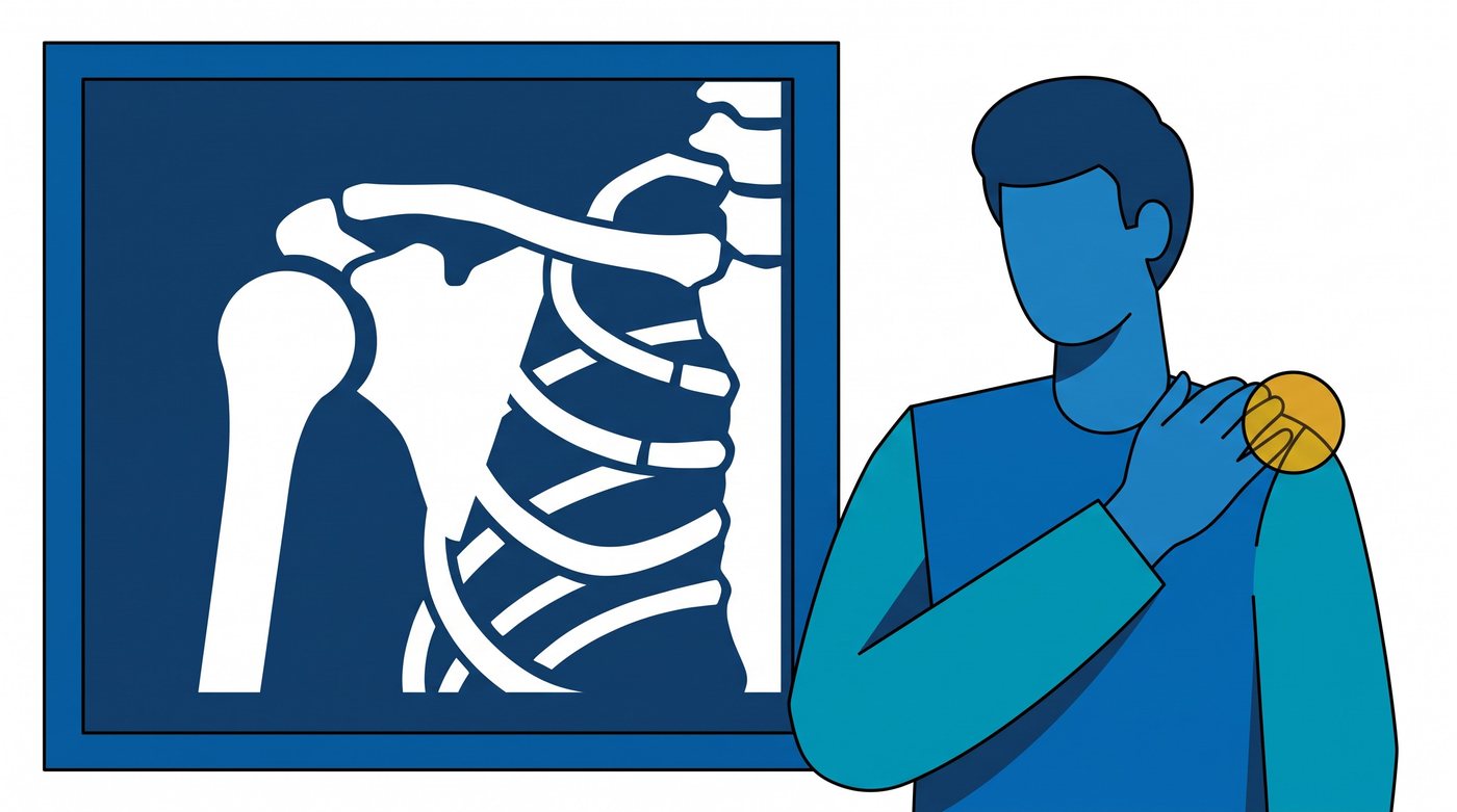 Illustration: a shoulder X-ray showing the ball and socket joint and the collar bone